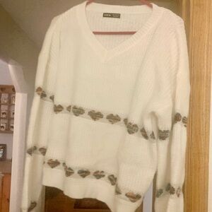 SHEIN White V-Neck Sweater with Patterned Stripes